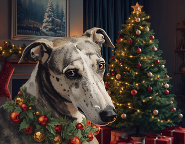 The Framsden Greyhound christmas scene with a greyhound dog wearing a wreath collar in front of a decorated Christmas tree.