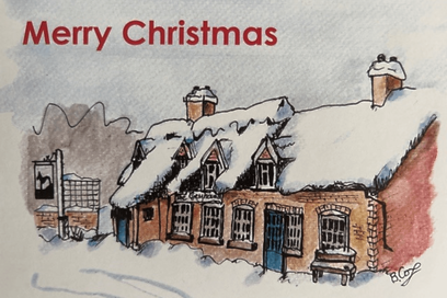 A snowy scene at The Framsden Greyhound pub, hand-painted on card by a local artist.