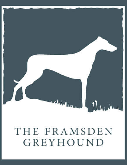 A poster advertising The Framsden Greyhound's Christmas cards, featuring a hand-painted snowy scene at the pub and text overlay that reads, 'Left your Christmas cards til the last minute again? Don't worry, the Framsden Greyhound's got you covered. 5 cards for £5'.